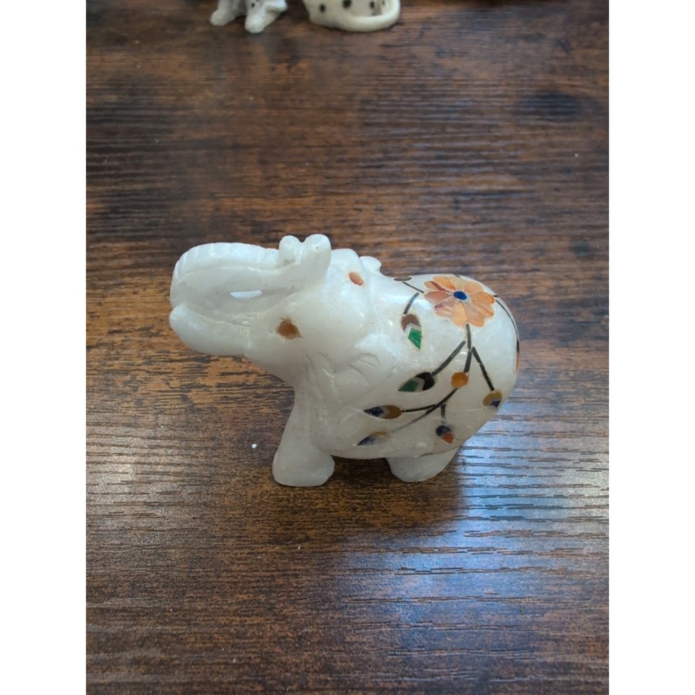 Handcrafted White Marble Elephant Figurine Inlaid Hand Painted 2.5 Inch